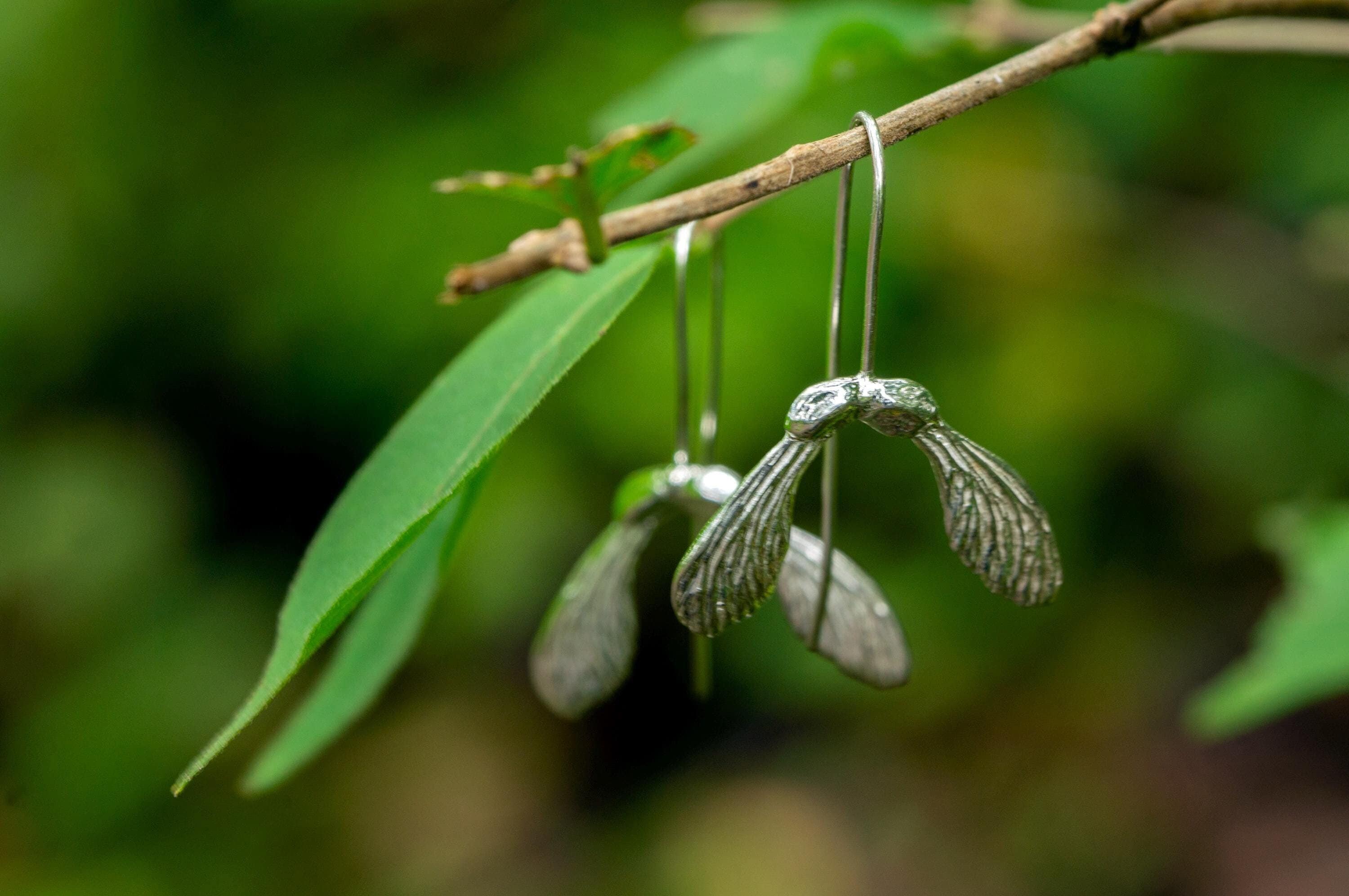 Maple seed sterling silver earrings, helicopter seed long stem earrings, cast flower series, statement earrings, valentines day