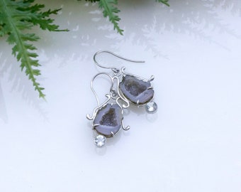 Geode and aquamarine sterling silver dangle earrings, geode drop earrings, gift for her, One of a kind