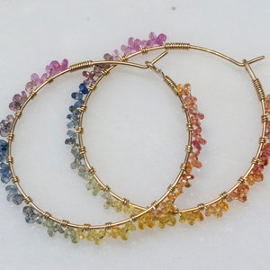 Sapphire rainbow hoop earrings, wire wrapped multicolor sapphire earrings, mother&#39;s day gift, September birthstone, gemstone hoop earrings