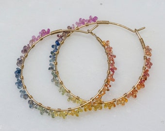 Sapphire rainbow hoop earrings, wire wrapped multicolor sapphire earrings, mother's day gift, September birthstone, gemstone hoop earrings