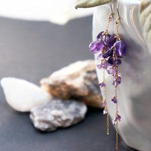 wisteria amethyst earrings, long gold filled bead earring, bead jewelry, February birth stone image 4