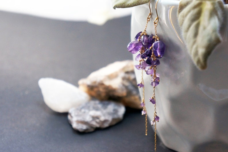 wisteria amethyst earrings, long gold filled bead earring, bead jewelry, February birth stone image 4