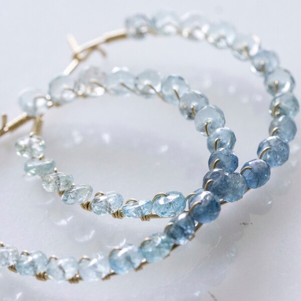 Ombre aquamarine hoop earrings, wire wrapped blue aquamarine earrings, March birth stone
