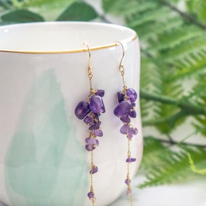 wisteria amethyst earrings, long gold filled bead earring, bead jewelry, February birth stone image 5