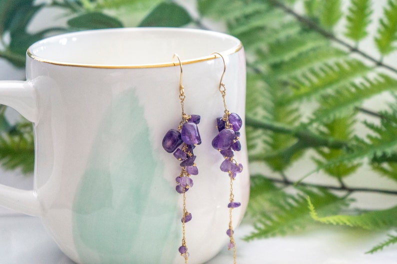 wisteria amethyst earrings, long gold filled bead earring, bead jewelry, February birth stone image 5