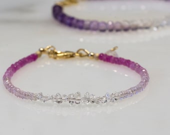 Ombre pink sapphire and Herkimer diamond gold filled bracelet, September birth stone, April birthstone, mothers day gift