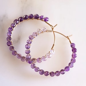Handmade ombre amethyst hoop earrings, wire wrapped gold filled hoop, mother's day gift, February birth stone,bead work image 4
