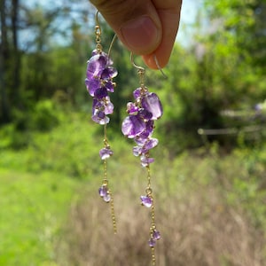 wisteria amethyst earrings, long gold filled bead earring, bead jewelry, February birth stone