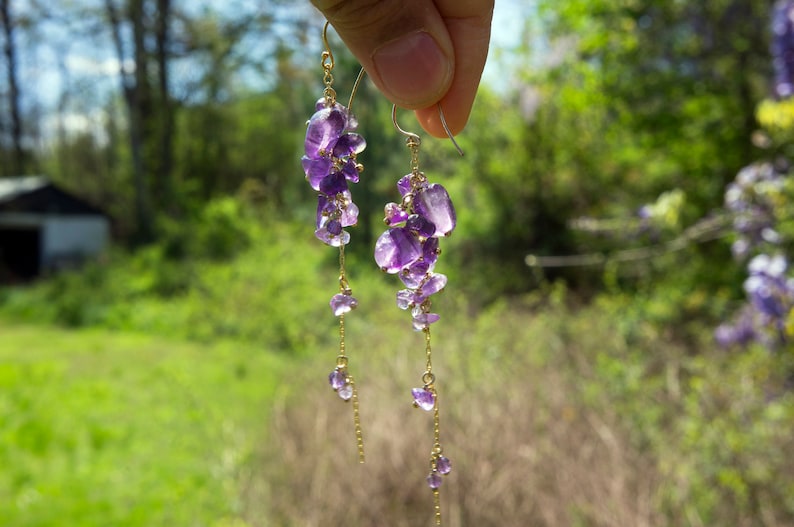 wisteria amethyst earrings, long gold filled bead earring, bead jewelry, February birth stone image 1