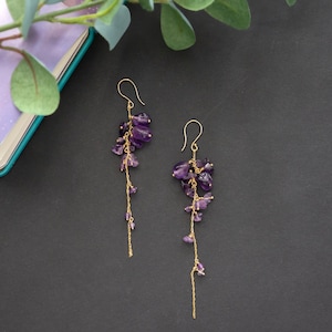 wisteria amethyst earrings, long gold filled bead earring, bead jewelry, February birth stone image 7