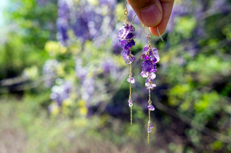 wisteria amethyst earrings, long gold filled bead earring, bead jewelry, February birth stone image 8