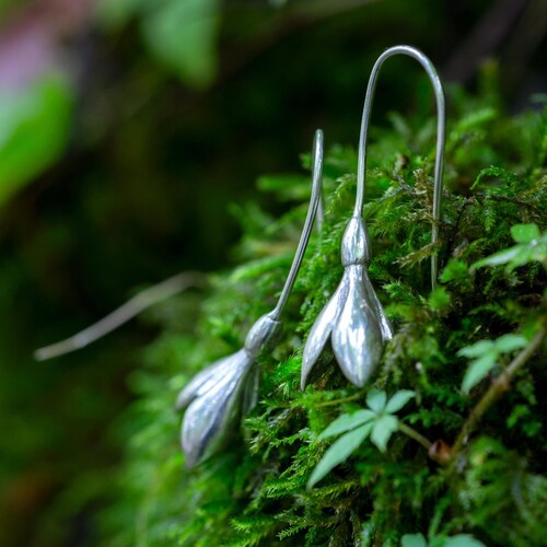 Snowdrop sterling silver long earrings, January birth flower