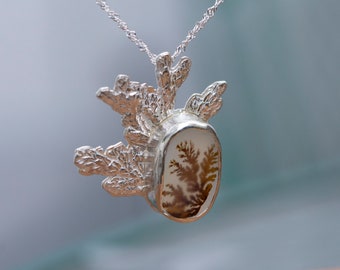 Dendritic agate sterling silver pendent, silver pine leaf necklace, one of a kind jewelry