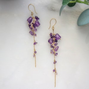 wisteria amethyst earrings, long gold filled bead earring, bead jewelry, February birth stone image 3