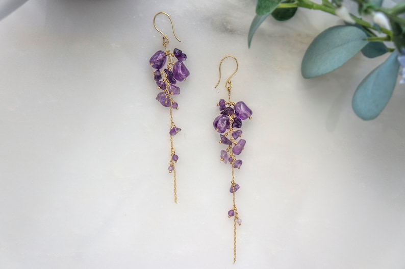 wisteria amethyst earrings, long gold filled bead earring, bead jewelry, February birth stone image 3