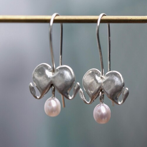 Bleeding heart sterling silver dangle earrings, with pearl dangle