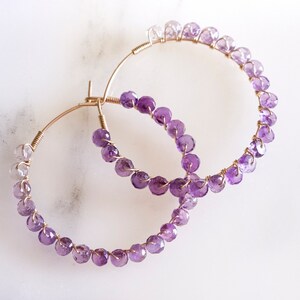 Handmade ombre amethyst hoop earrings, wire wrapped gold filled hoop, mother's day gift, February birth stone,bead work image 3