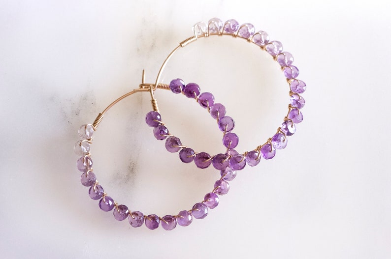 Handmade ombre amethyst hoop earrings, wire wrapped gold filled hoop, mother's day gift, February birth stone,bead work image 3