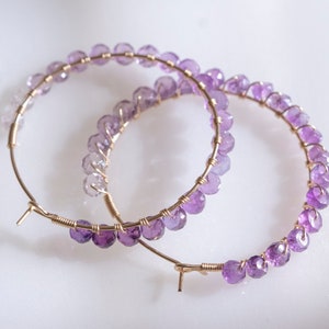 Handmade ombre amethyst hoop earrings, wire wrapped gold filled hoop, mother's day gift, February birth stone,bead work image 6