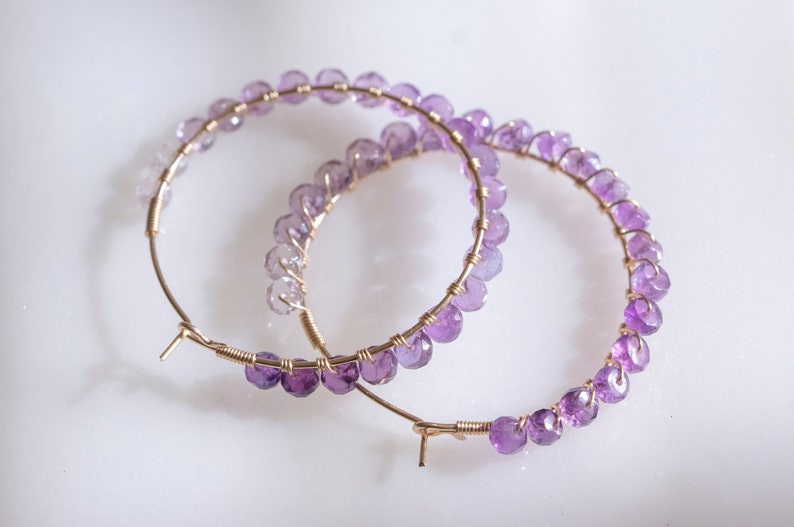 Handmade ombre amethyst hoop earrings, wire wrapped gold filled hoop, mother's day gift, February birth stone,bead work image 6