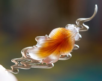 Agate goldfish brooch, one of a kind studio jewelry