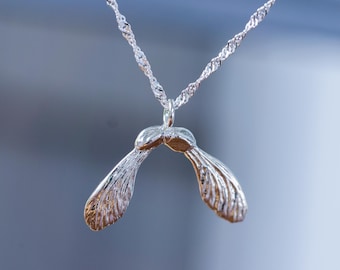 Silver maple seed necklace, samaras silver chain