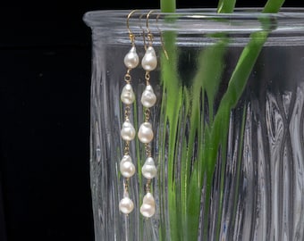 Long pearl gold-filled dangle earrings, June birthstone, elegant long earrings, gold pearl drop earrings.