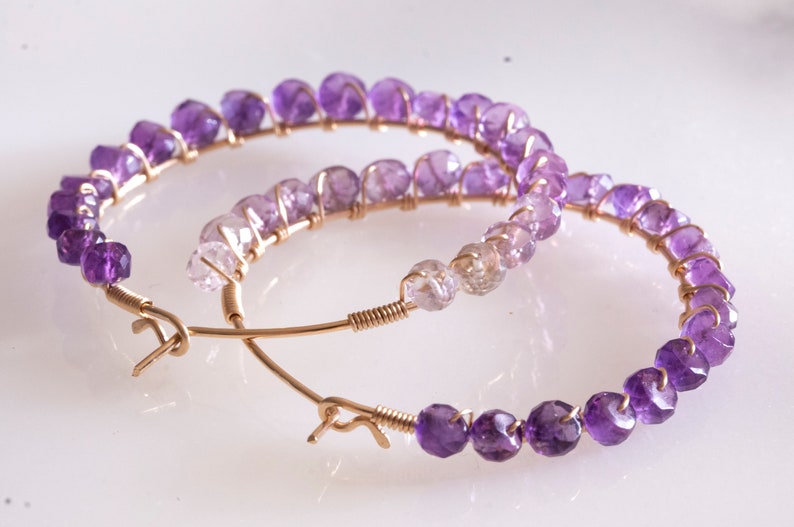 Handmade ombre amethyst hoop earrings, wire wrapped gold filled hoop, mother's day gift, February birth stone,bead work image 2
