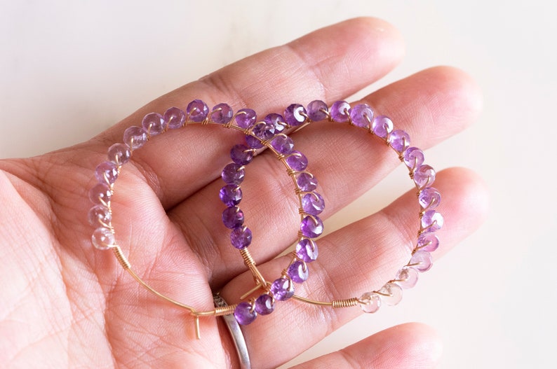 Handmade ombre amethyst hoop earrings, wire wrapped gold filled hoop, mother's day gift, February birth stone,bead work image 5