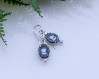 Geode and freshwater pearl sterling silver earrings,handmade one of a kind geode earring, gift for her,