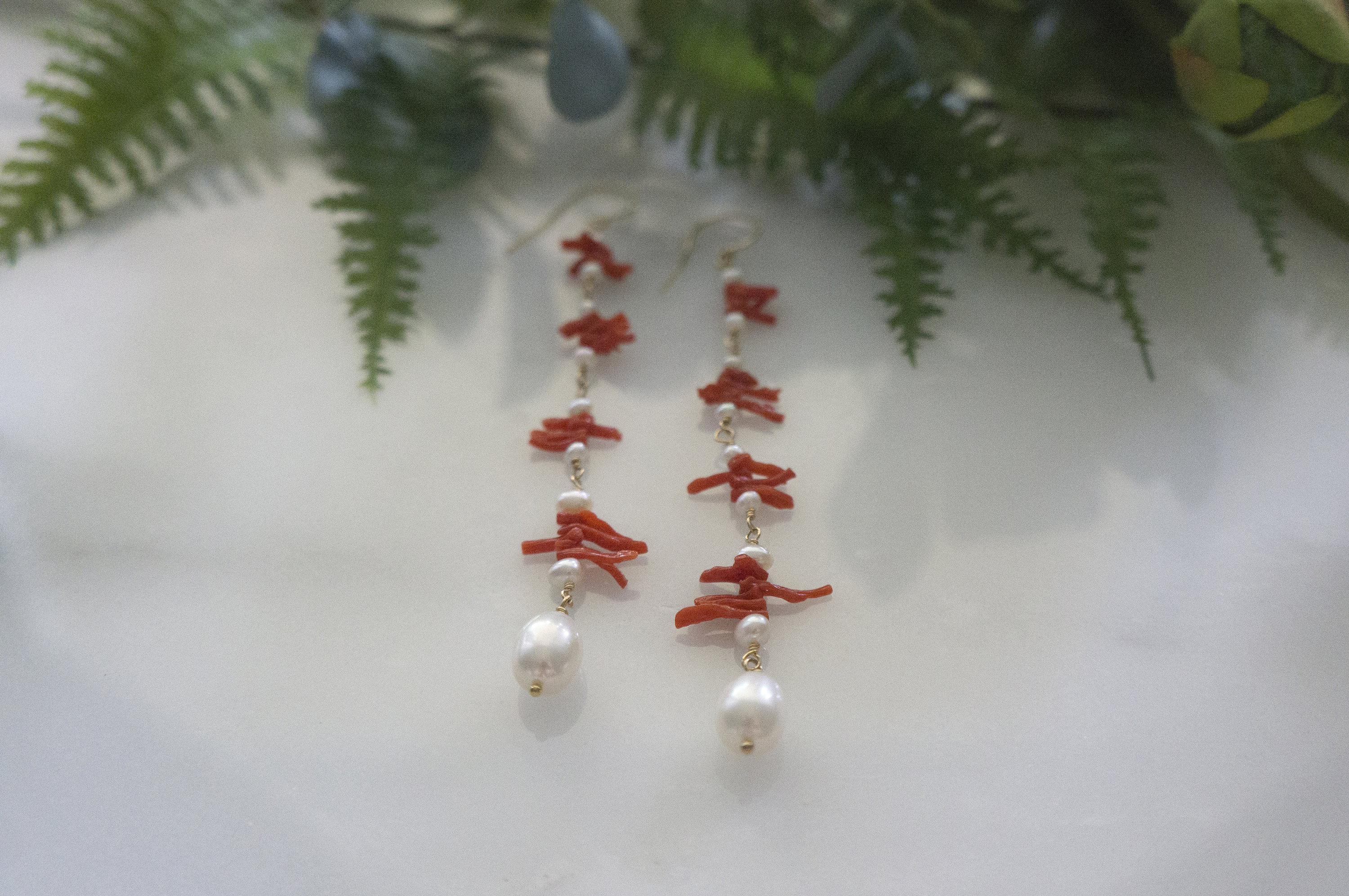 Red Coral & Freshwater Pearl Dangle Earrings: Gold-Filled Wire