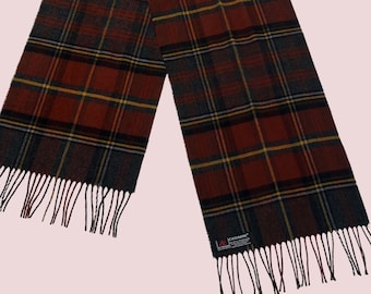 Vintage 80s plaid scarf by V. Fraas , orange brown and yellow vintage acrylic scarf, 1980s tartan scarf with frill