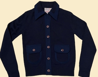 70s blue sweater by Jean Nicolas, vintage men's button down wingtip acrylic and wool sweater, dual-tone navy blue jacket