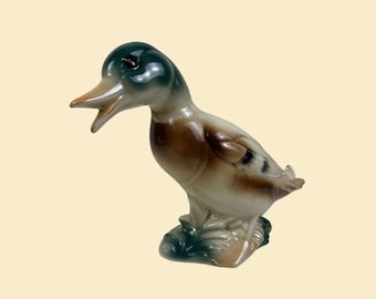 Vintage ceramic duck statue, 1950s mallard duck tabletop figurine