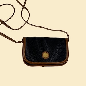 Vintage 90s black leather shoulder bag, 1990s faux-leather black & brown clutch purse