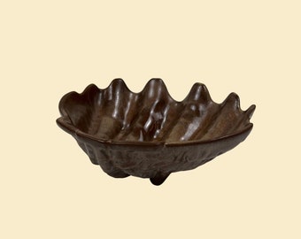 1960s Frankoma scallop dish, vintage brown ceramic shell shaped bowl