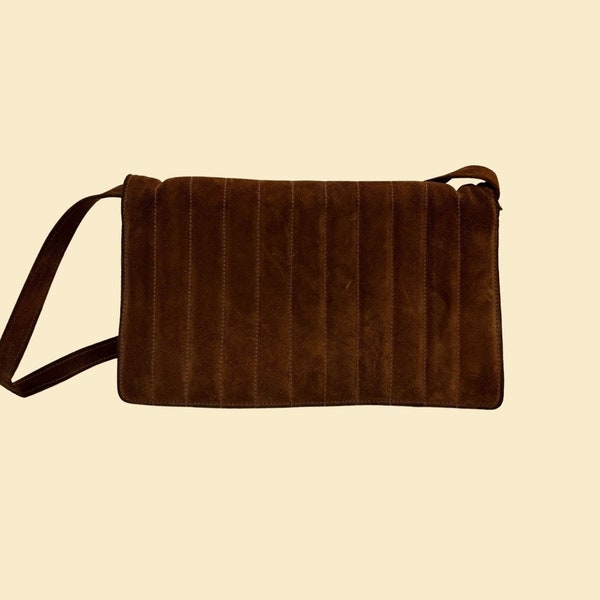 70s suede shoulder bag by Anne Klein, vintage brown rectangular leather clutch purse with removable strap