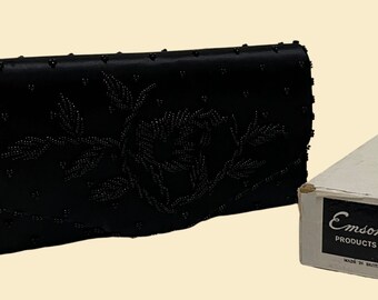 50s black beaded clutch by Emson, vintage hand beaded evening bag with floral / leaf designs, 50s satin beaded wallet