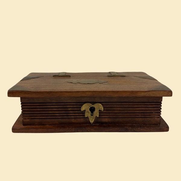 1970s book-shaped wood box, vintage wooden faux-book lock box