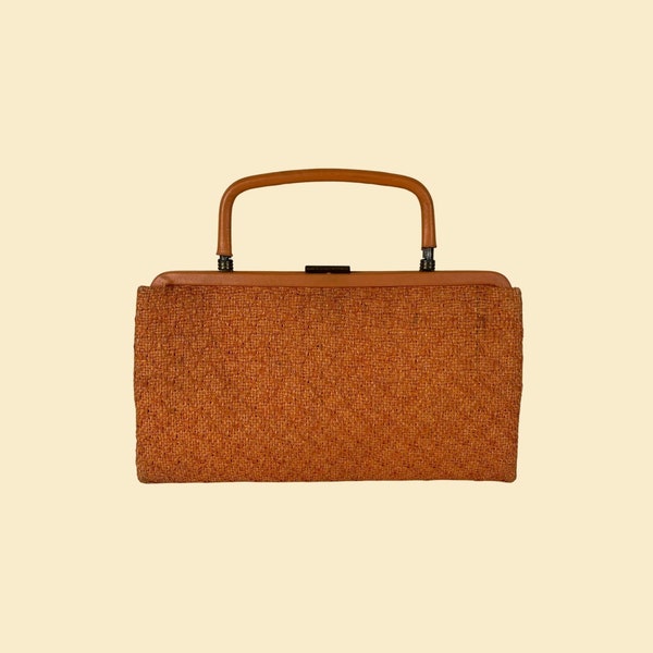 1960s orange wicker bag, vintage mod 60s top handle handbag w/ brass hardware