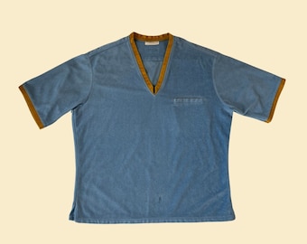 1960s blue & yellow v-neck men&#39;s shirt, vintage short sleeve velour/terry-cloth 60s t-shirt