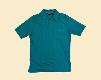 70s/80s teal L polo shirt by Manhattan Knits, vintage 1980s ribbed men&#39;s polo shirt