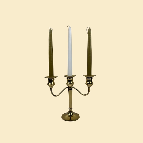 Vintage 1980s brass candelabra, 8" tall heavy metal gold-toned candelabra, taper candle holder