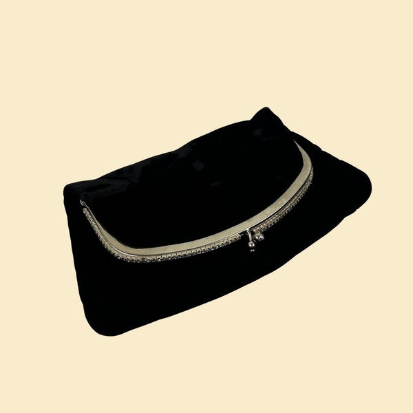 1960s black velvet clutch bag, vintage 60s rhinestone foldover evening bag