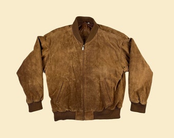 Giacca in pelle vintage anni '90 M di Roundtree & Yorke, giacca bomber con cerniera in pelle marrone degli anni '90