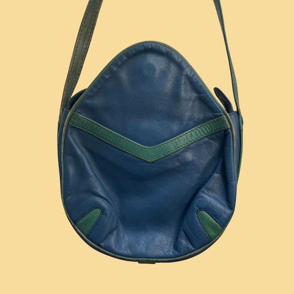 60s vintage handbag by La Bagagerie by Jean Marlaix, color blockblue and teal mod teardrop shaped purse, mid century leather crossbody bag