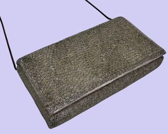 1980s beaded clutch evening bag by Walborg, vintage metallic silver purse, 80s shoulder bag / clutch