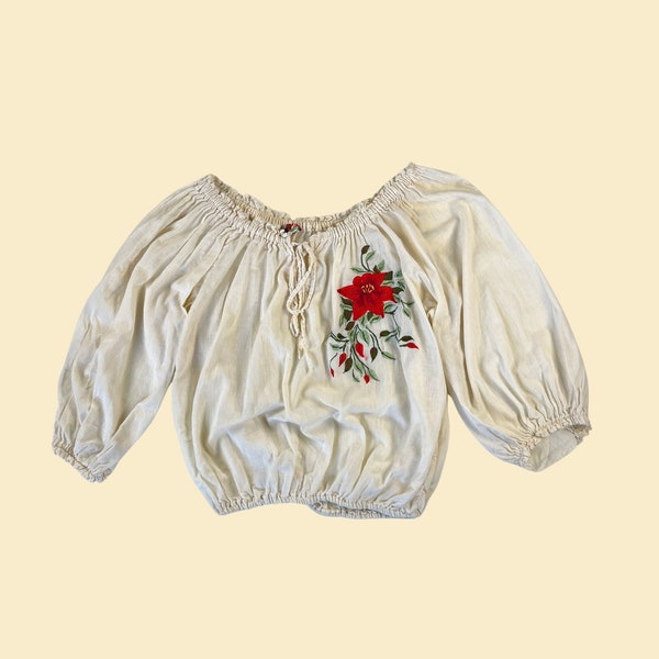 Vintage 1970s cream blouse with red floral embroidery by Mary Guana, made in Mexico, authentic 70s cotton drawstring blouse