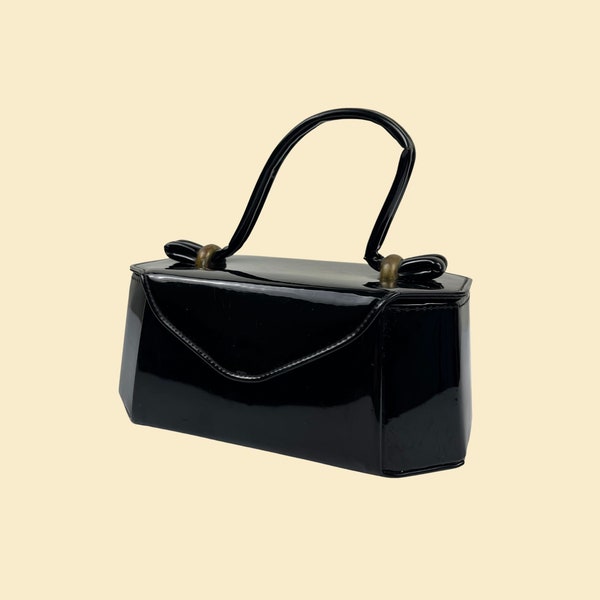 1970s rectangular handbag, vintage 70s black patent leather top handle purse