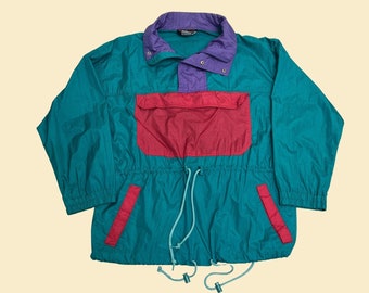 80s pullover windbreaker in size large by Red Pepper Action Wear, vintage 1980s color block track jacket in teal purple and pink
